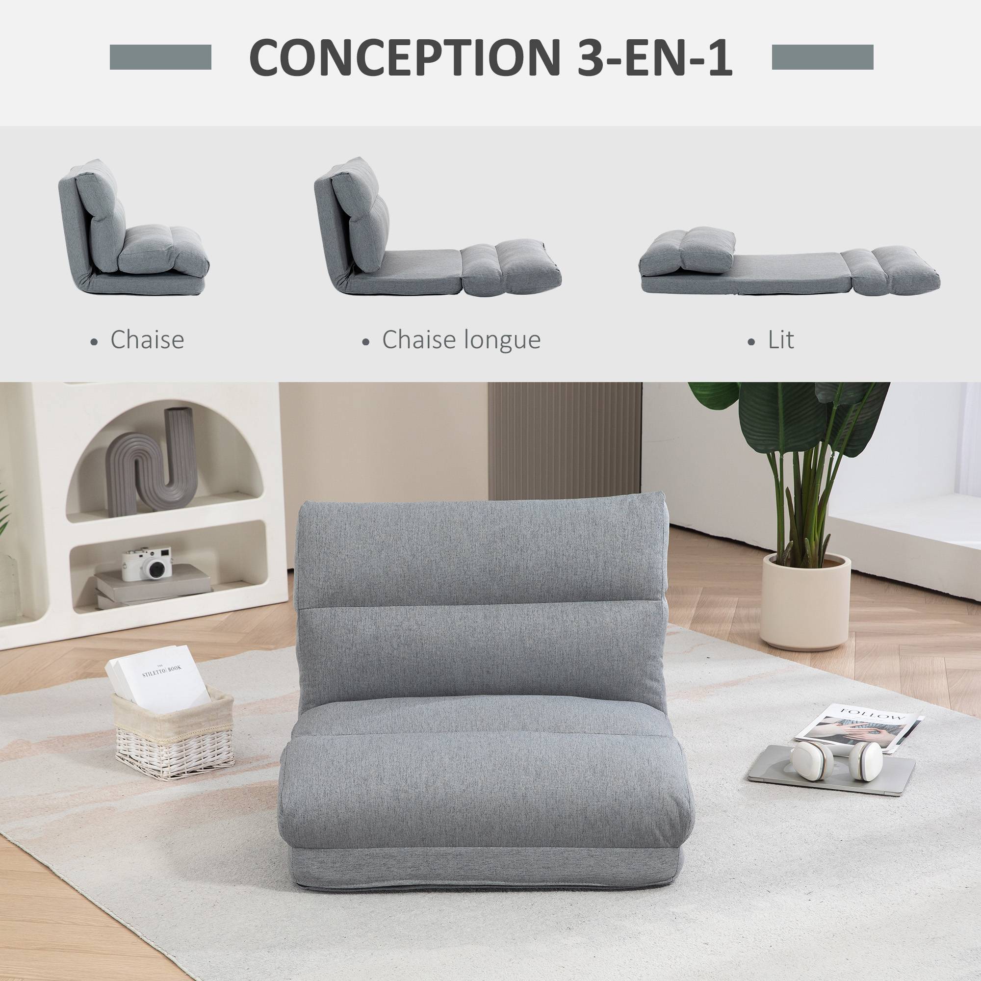 Fauteuil de sol canapé paresseux fauteuil convertible en lit inclinable 90° à 180° tissu - 70l x 72P x 56H cm - gris - Image 6