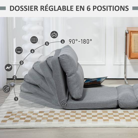 Fauteuil de sol canapé paresseux fauteuil convertible en lit inclinable 90° à 180° tissu - 70l x 72P x 56H cm - gris - Image 7