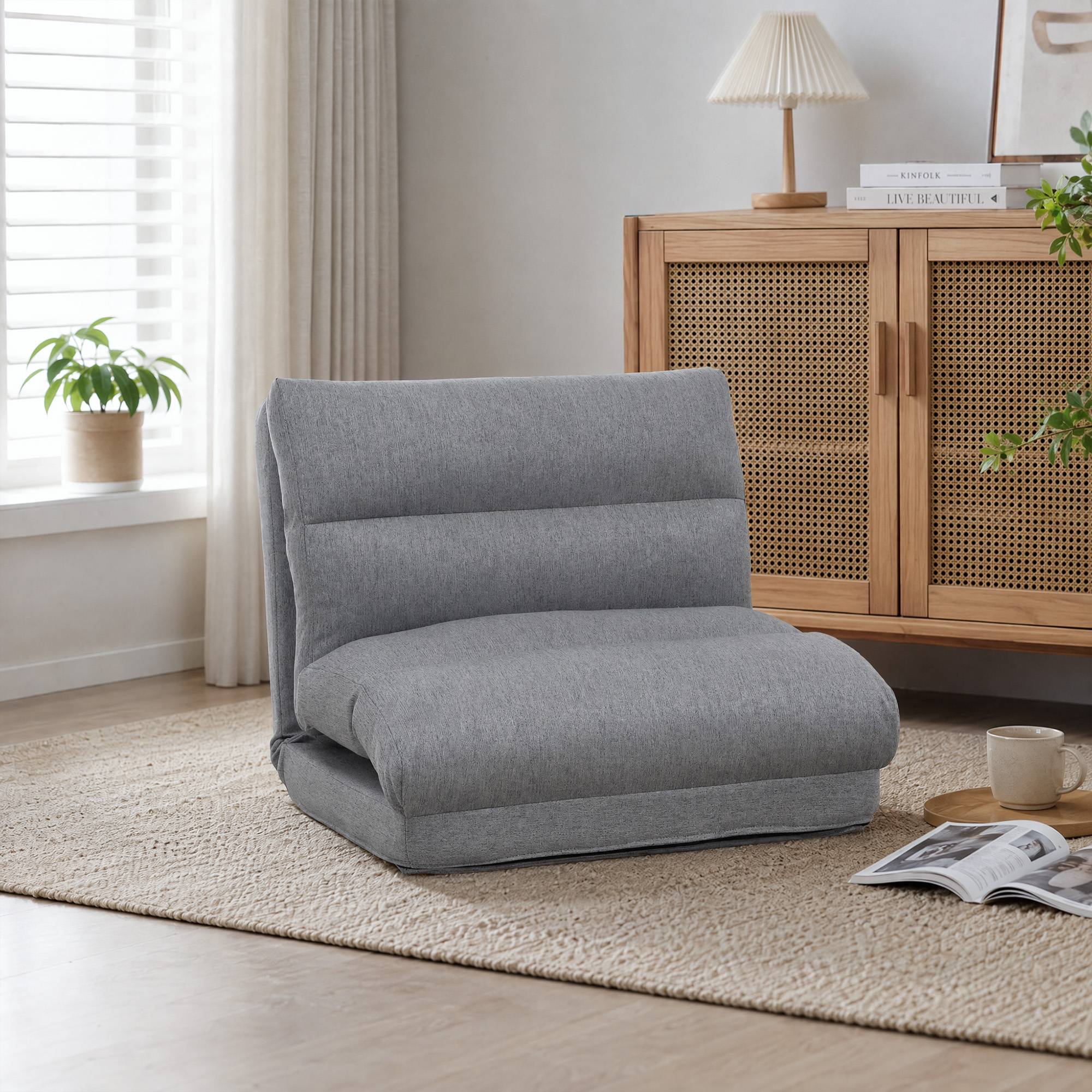Fauteuil de sol canapé paresseux fauteuil convertible en lit inclinable 90° à 180° tissu - 70l x 72P x 56H cm - gris - Image 10