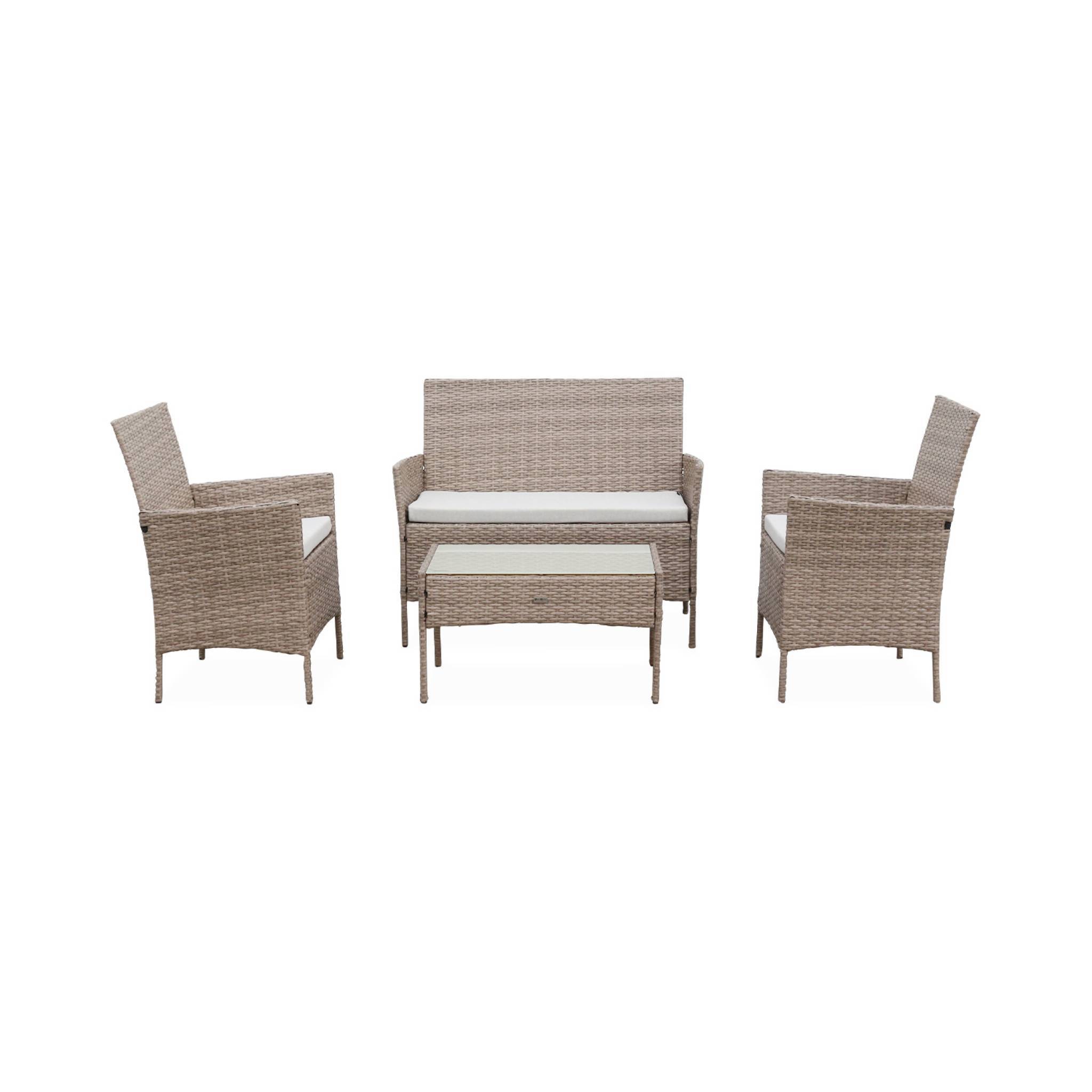 sweeek - Salon de jardin en résine tressée - Moltès - Naturel. Coussins beiges - 4 places - 1 canapé. 2 fauteuils. une table basse | sweeek - Image 4