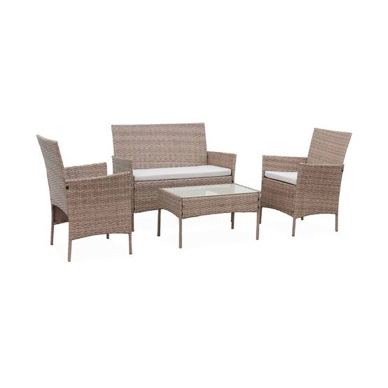 sweeek - Salon de jardin en résine tressée - Moltès - Naturel. Coussins beiges - 4 places - 1 canapé. 2 fauteuils. une table basse | sweeek - Image 2