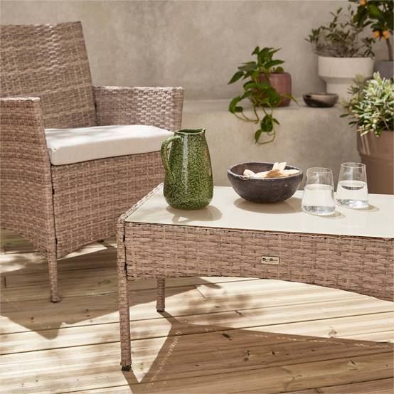 sweeek - Salon de jardin en résine tressée - Moltès - Naturel. Coussins beiges - 4 places - 1 canapé. 2 fauteuils. une table basse | sweeek - Image 3
