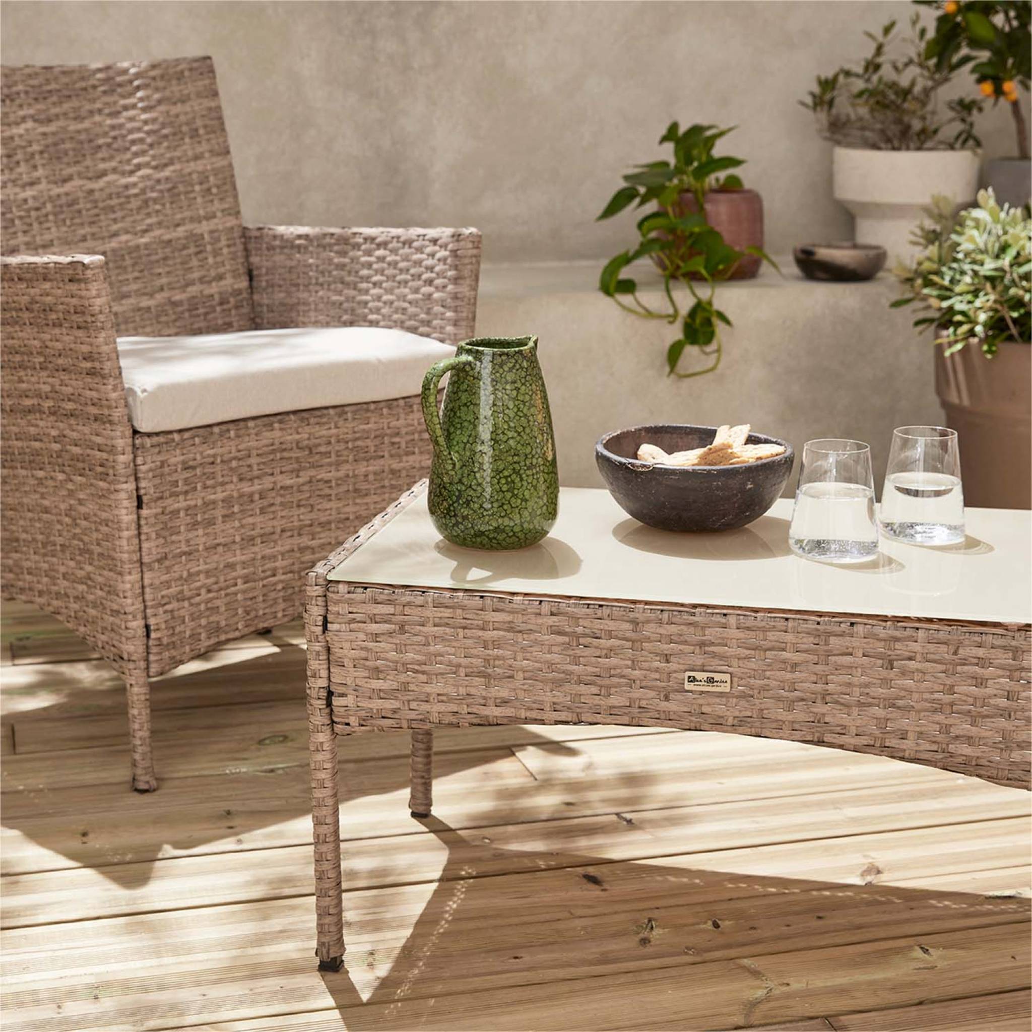 sweeek - Salon de jardin en résine tressée - Moltès - Naturel. Coussins beiges - 4 places - 1 canapé. 2 fauteuils. une table basse | sweeek - Image 3