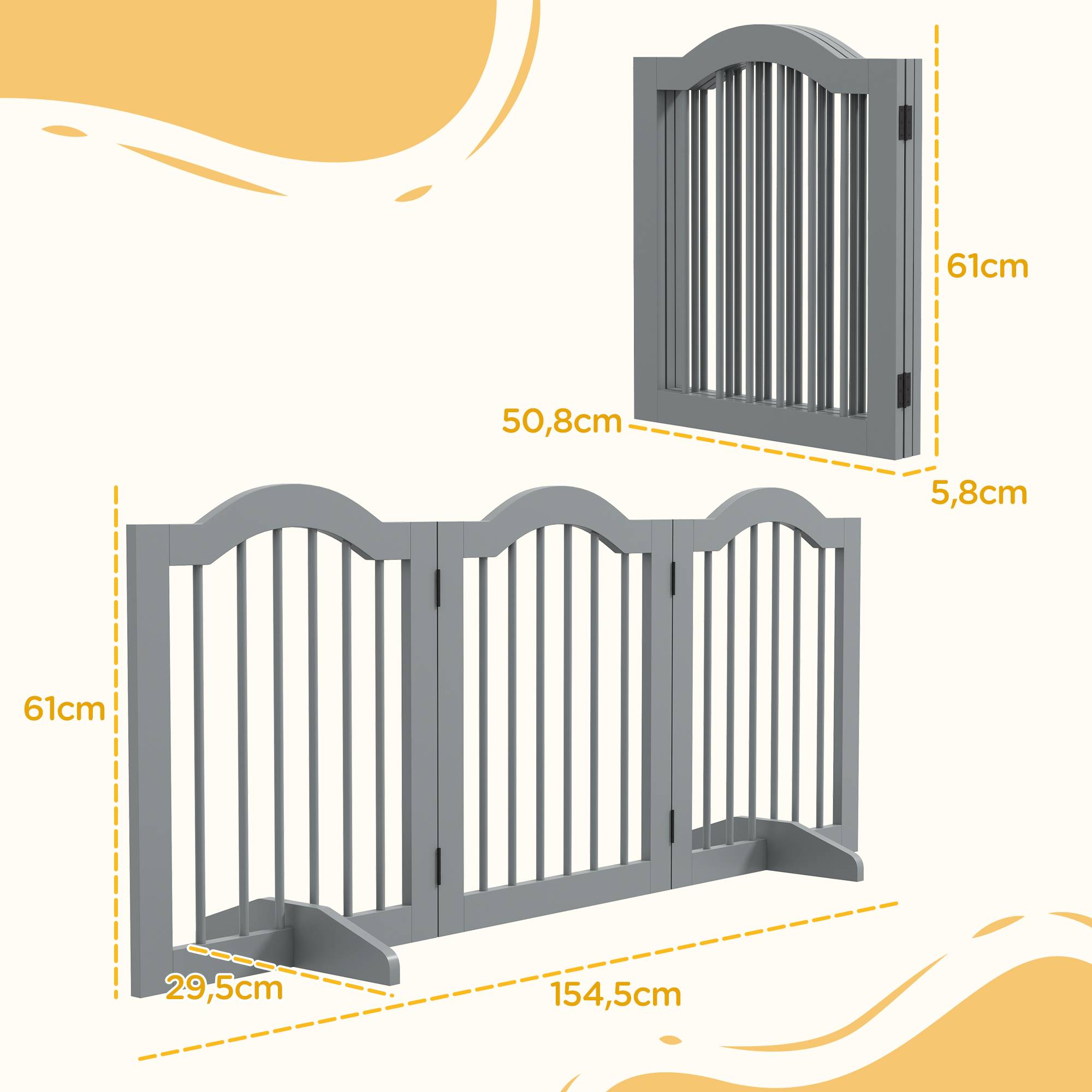 Barrière pour chien 3 parties, 154,5 x 61 cm, pliable avec porte, 2 pieds, gris clair - Image 5
