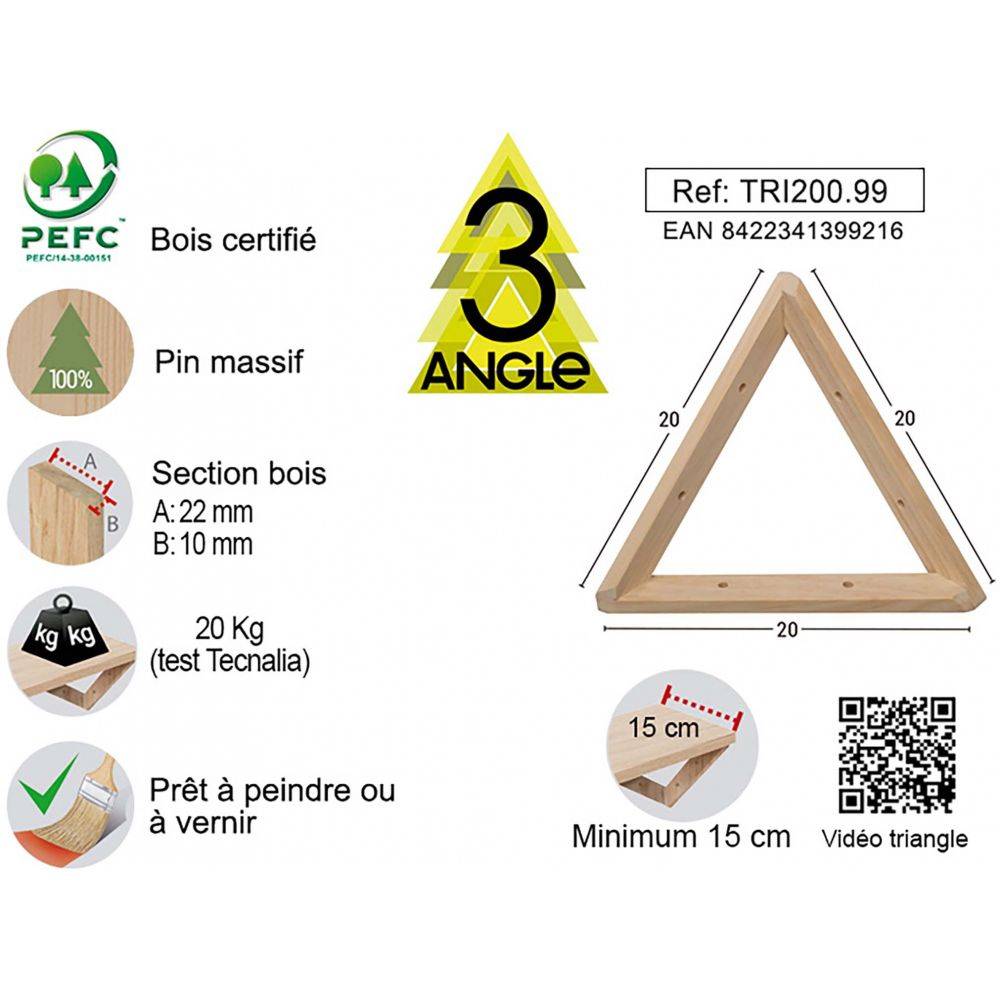 Equerre triangle en pin brut 20 cm - Image 3