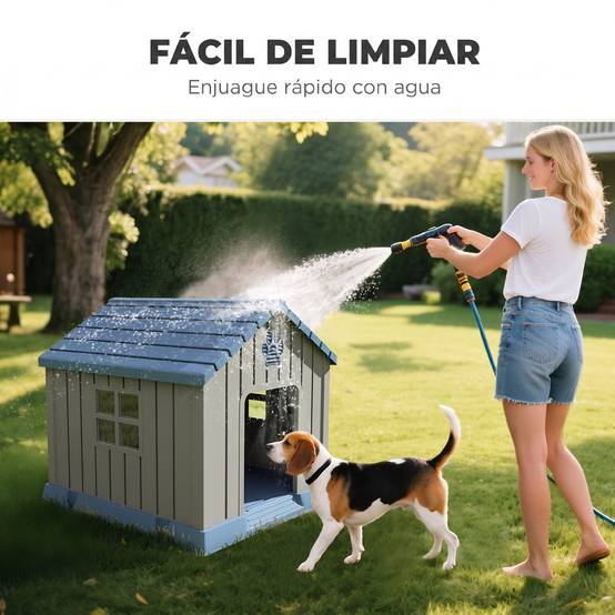 Niche extérieure pour chien moyen, plastique étanche, 2 fenêtres, fond surélevé, piquets, 85x79x82 cm, gris - Image 7
