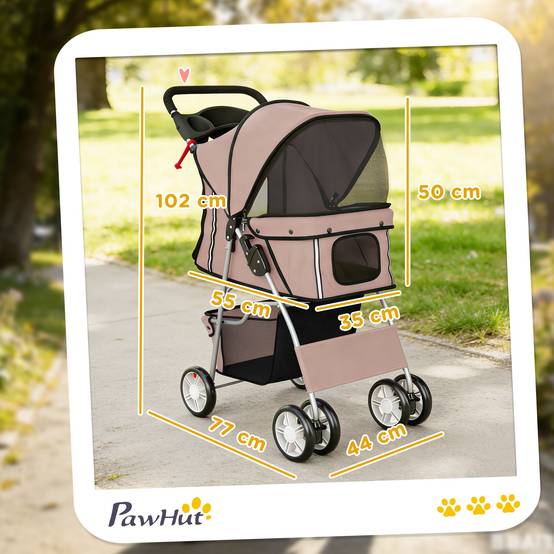 Poussette pliable pour chien avec réflecteurs, roues pivotantes, freins et coussin lavable, couleur café - Image 5