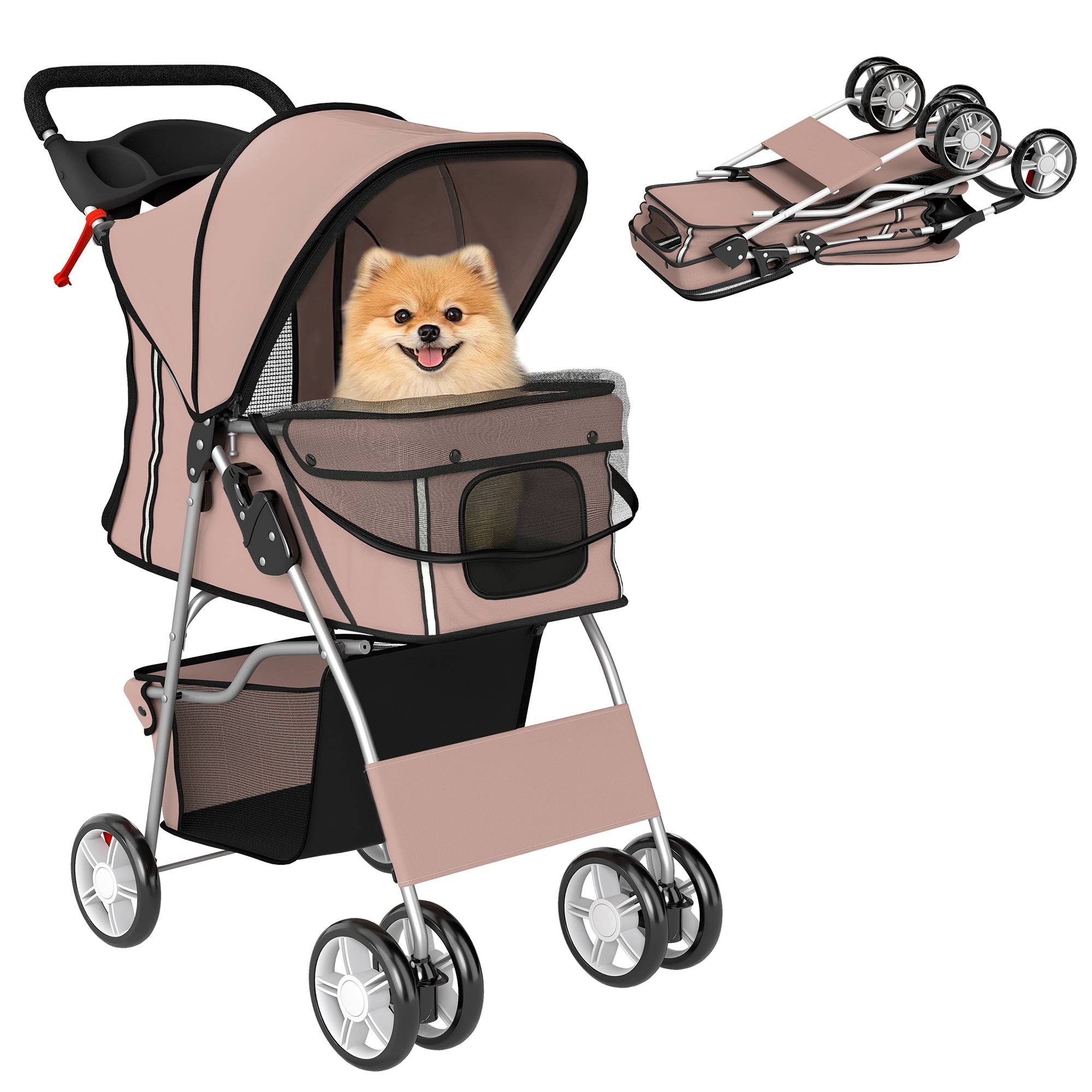 Poussette pliable pour chien avec réflecteurs, roues pivotantes, freins et coussin lavable, couleur café - Image 1