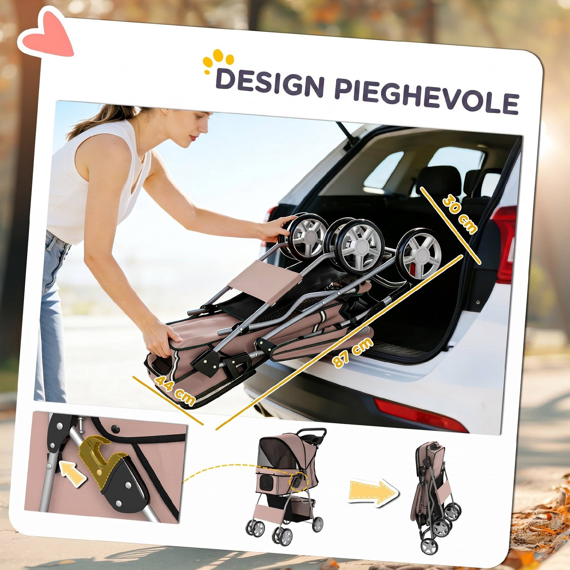 Poussette pliable pour chien avec réflecteurs, roues pivotantes, freins et coussin lavable, couleur café - Image 7