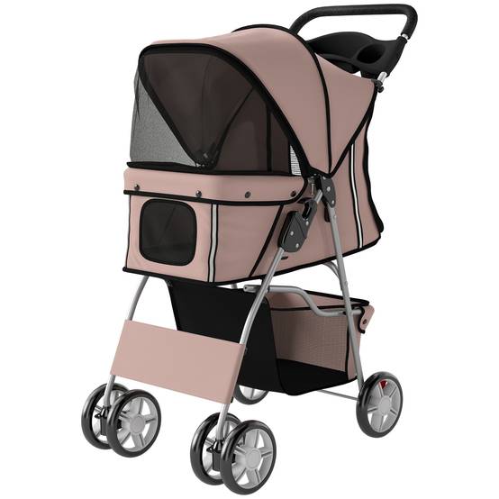 Poussette pliable pour chien avec réflecteurs, roues pivotantes, freins et coussin lavable, couleur café - Image 2