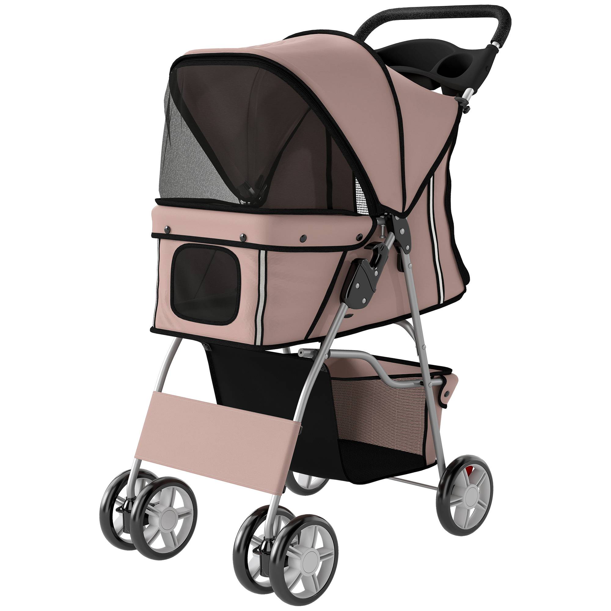 Poussette pliable pour chien avec réflecteurs, roues pivotantes, freins et coussin lavable, couleur café - Image 2