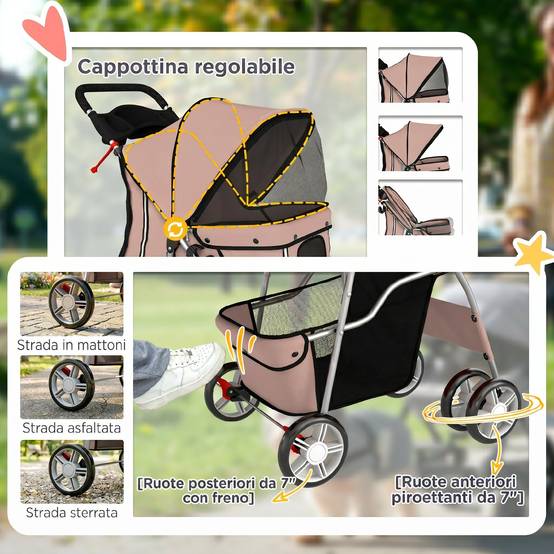 Poussette pliable pour chien avec réflecteurs, roues pivotantes, freins et coussin lavable, couleur café - Image 8