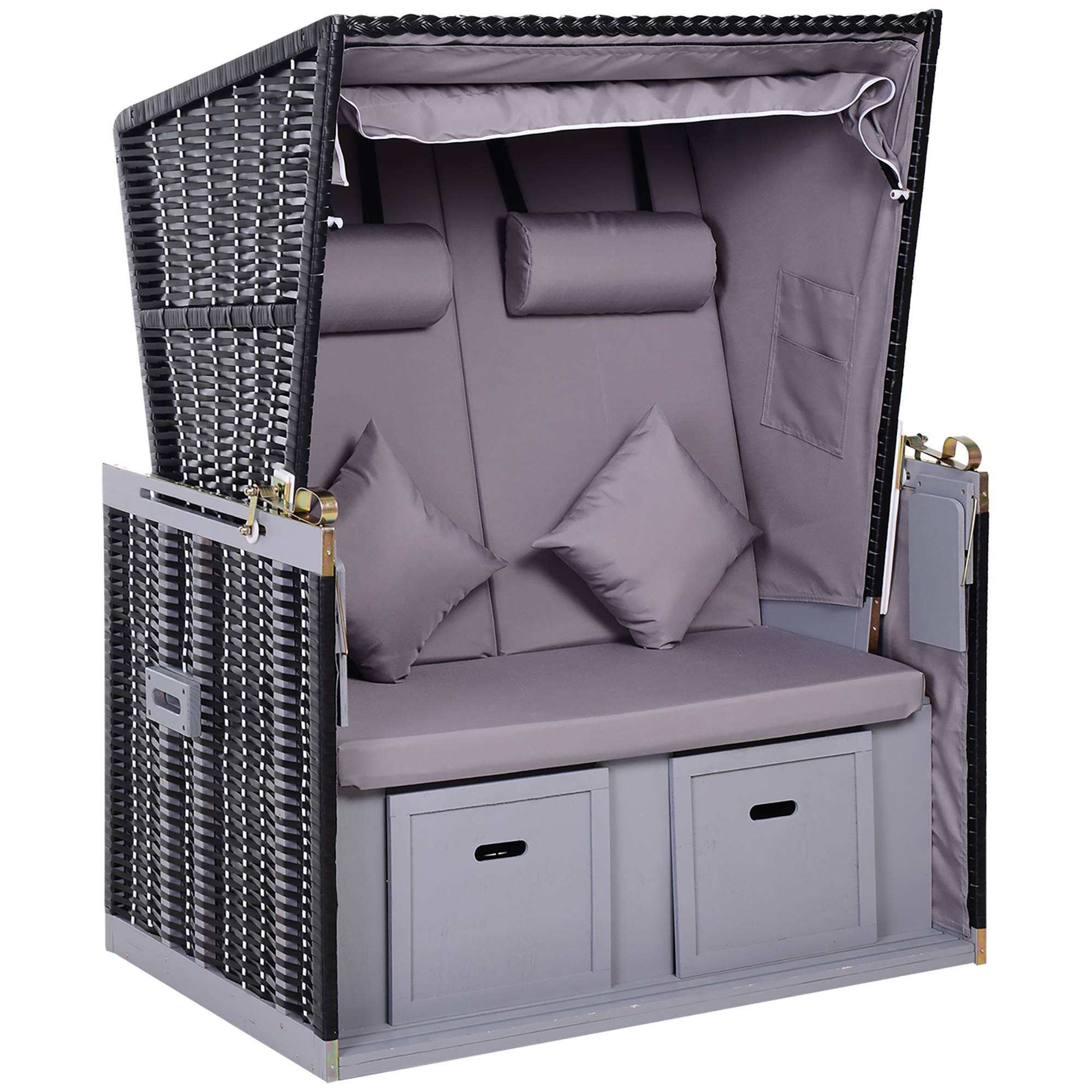 Chaise longue Double chaise longue avec toit Chaise longue de jardin Porte-gobelets Chaise longue PE Rotin gris 118 x 79 x 50 cm