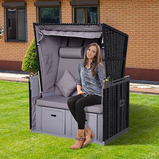 Chaise longue Double chaise longue avec toit Chaise longue de jardin Porte-gobelets Chaise longue PE Rotin gris 118 x 79 x 50 cm - Image 2