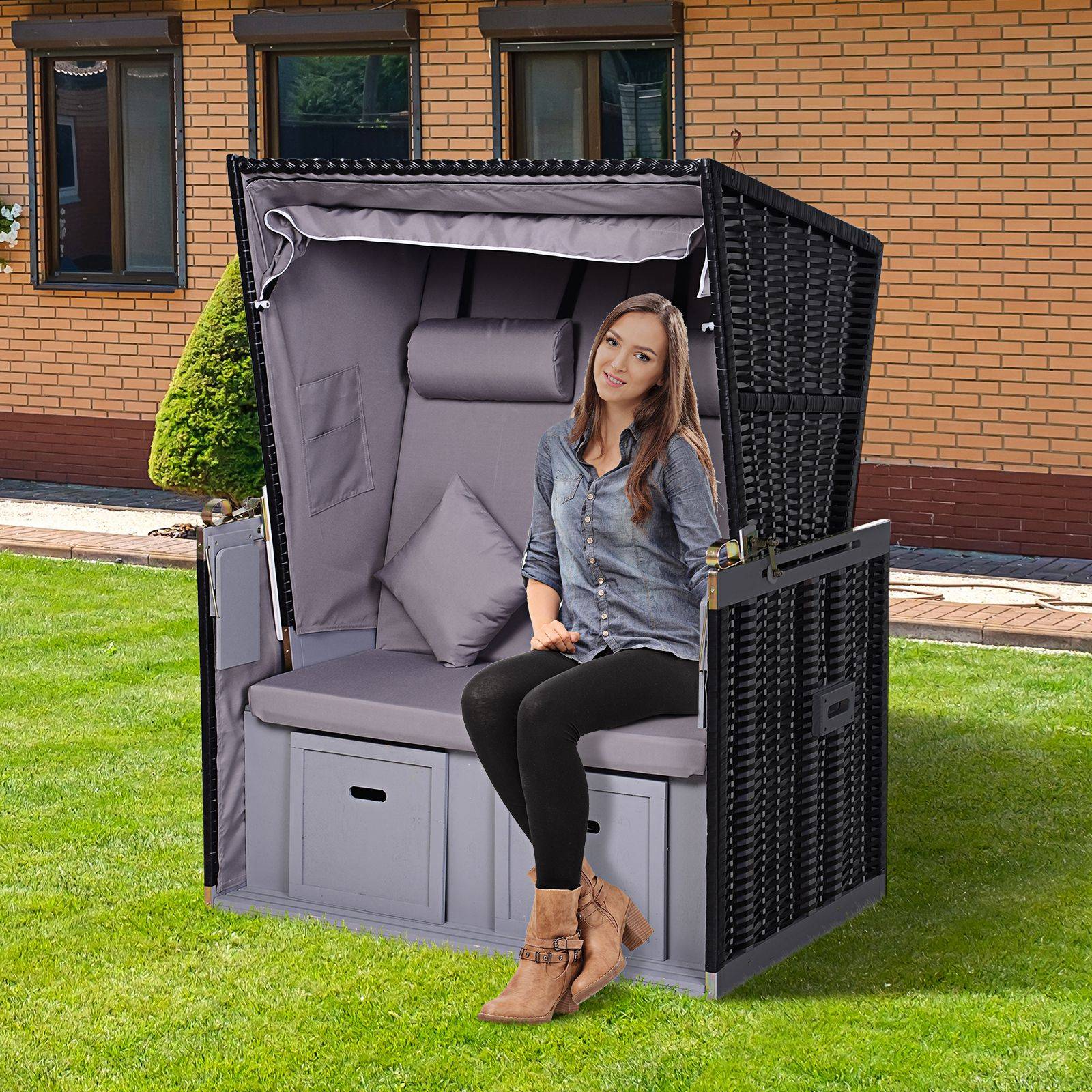 Chaise longue Double chaise longue avec toit Chaise longue de jardin Porte-gobelets Chaise longue PE Rotin gris 118 x 79 x 50 cm - Image 2