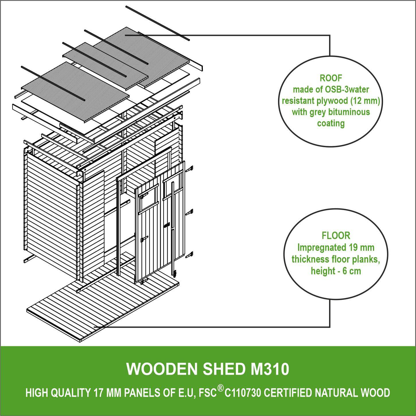 Timbela - Abri de jardin en bois l239xL142xH200 cm / 2.63 m² avec sol traité - Stockage extérieur - 19 mm d’épaisseur - Timbela M310+M310G - Image 7