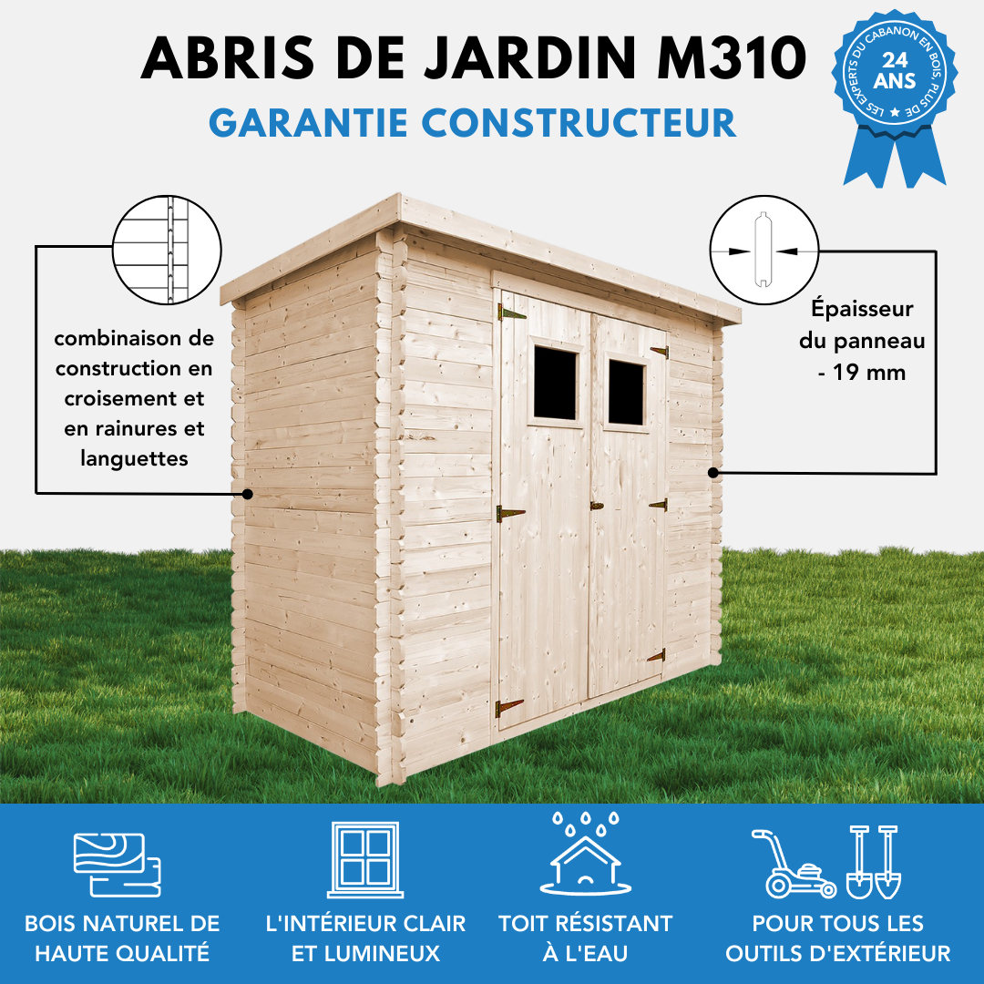 Timbela - Abri de jardin en bois l239xL142xH200 cm / 2.63 m² avec sol traité - Stockage extérieur - 19 mm d’épaisseur - Timbela M310+M310G - Image 8