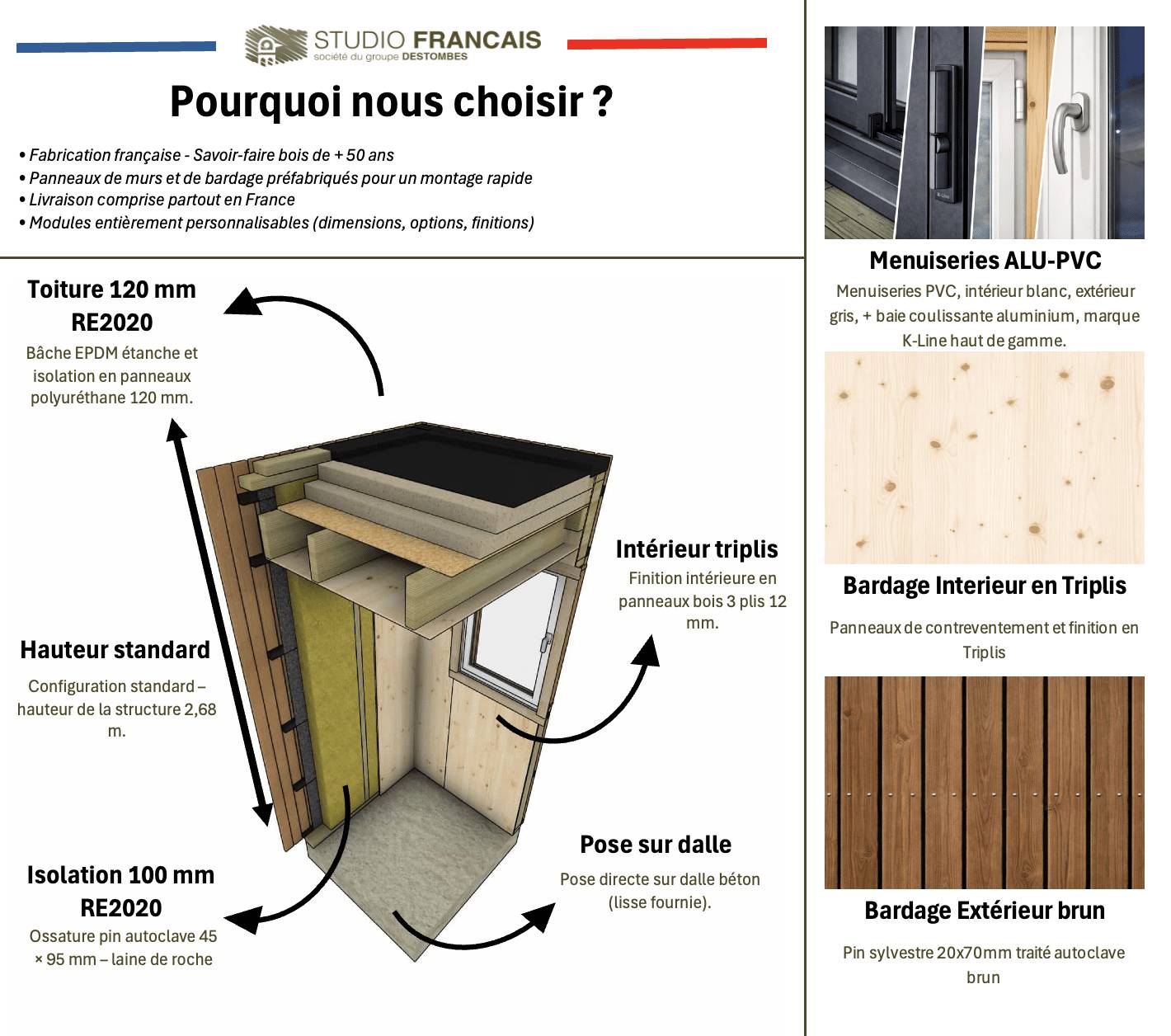 Studio de jardin RE2020 en bois 7,7 x 4,6 x 2,7 m / isolation RE2020 avec mezzanine et terrasse - Image 3