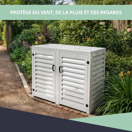 Cache Poubelle Extérieur Double en Aluminium thermolaqué - Abri pour 2 conteneurs 120 Litres – Blanc RAL 9010 - Image 4