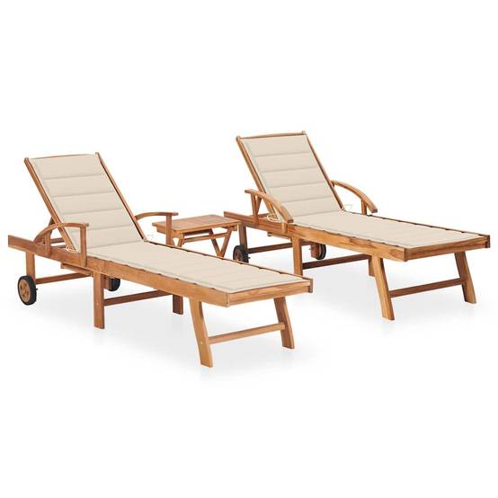 Ensemble 2 Lits Jardin Teck Table Latérale et Coussins Crème – ComfortXL Outdoor Living - Image 1