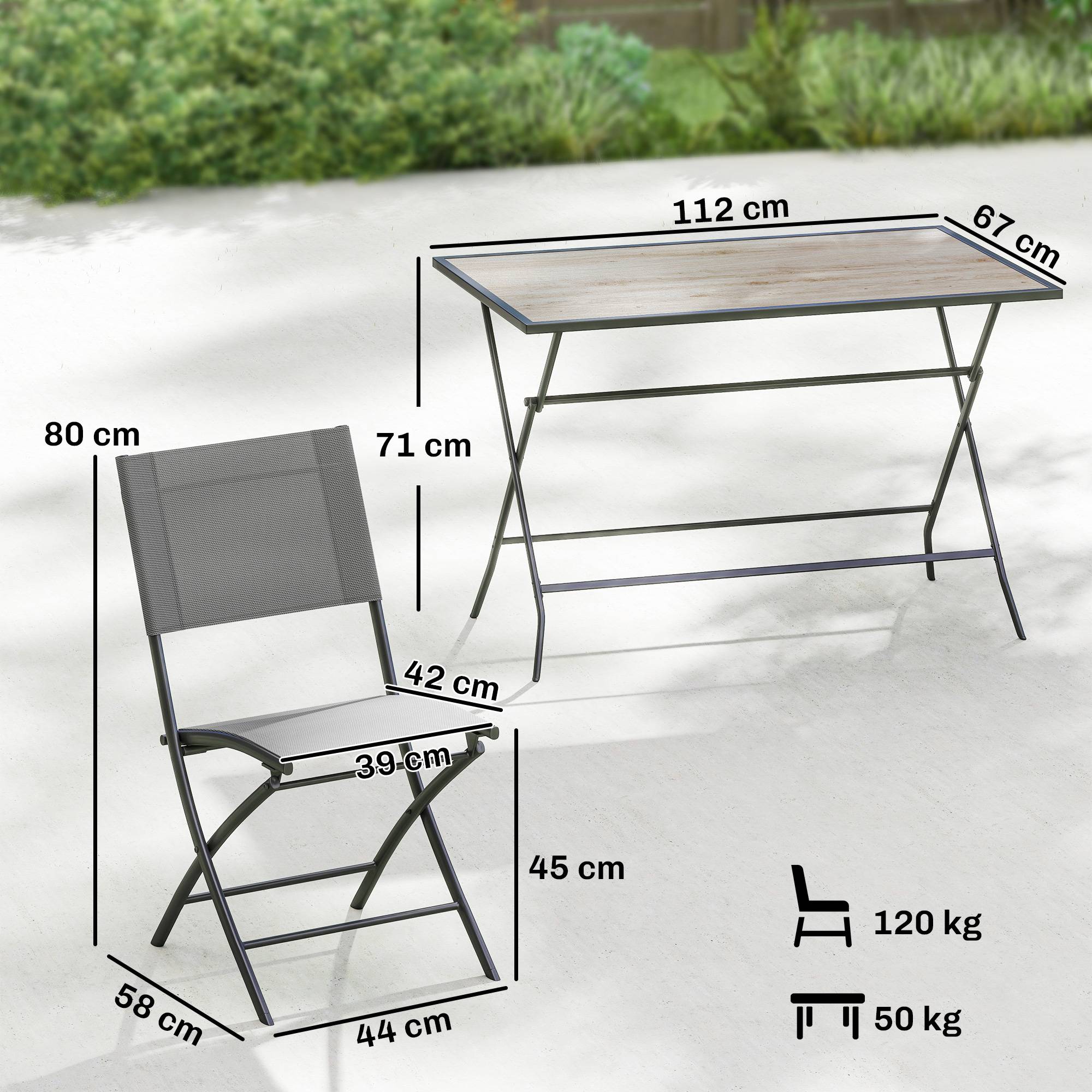 Salon de jardin pliant acier et plastique gris 112 x 67 x 71 cm - PANGIVO - Image 5