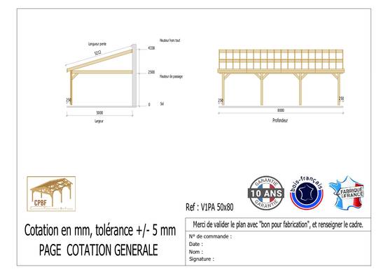 Cpbf Charpentes - Carport adossé une pente 500cmx800cm, bois DOUGLAS Français (Charpente en bois-auvent-abri voiture) 40 m². Garantie 10 ans - Image 2