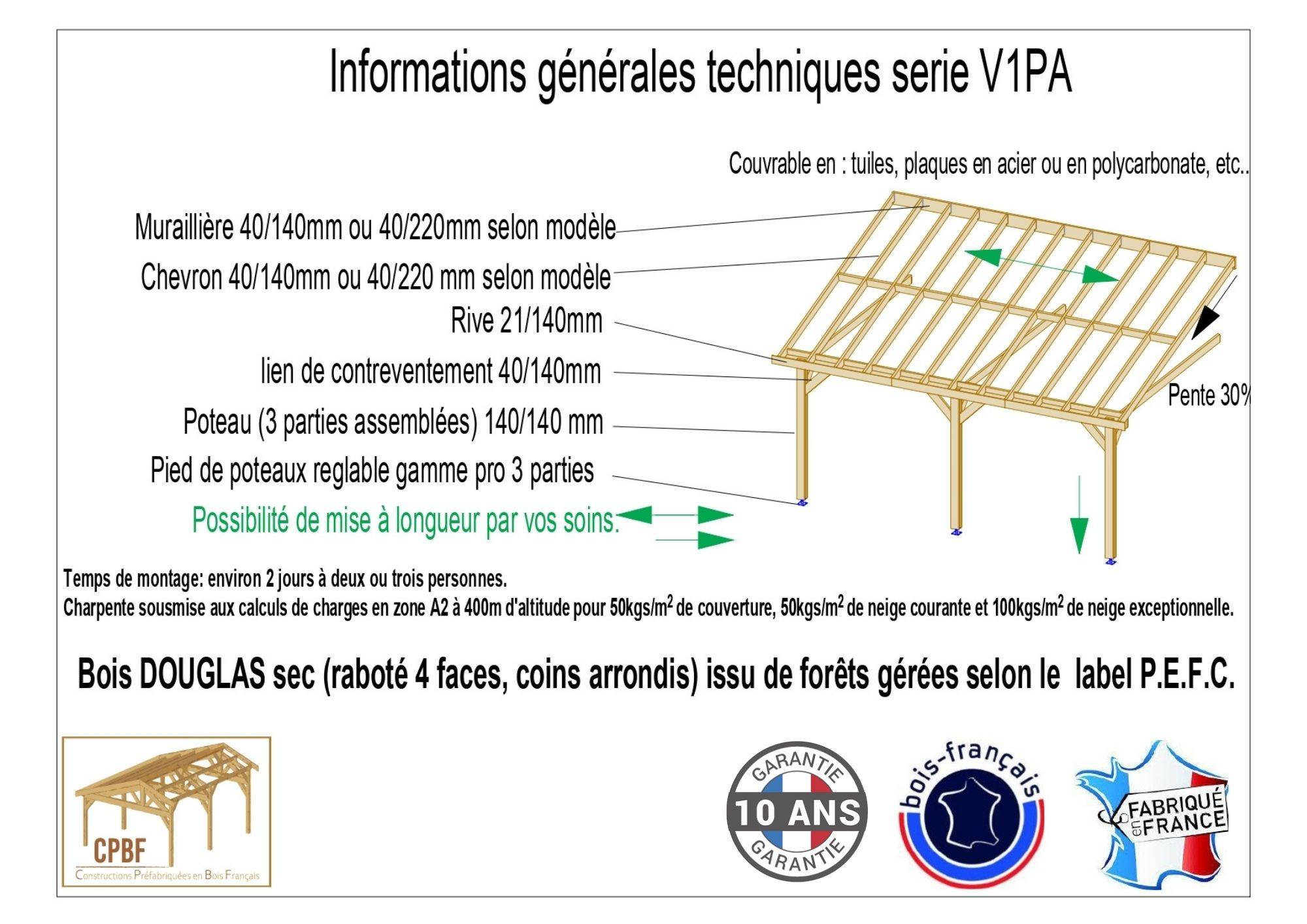 Cpbf Charpentes - Carport adossé une pente 500cmx800cm, bois DOUGLAS Français (Charpente en bois-auvent-abri voiture) 40 m². Garantie 10 ans - Image 3