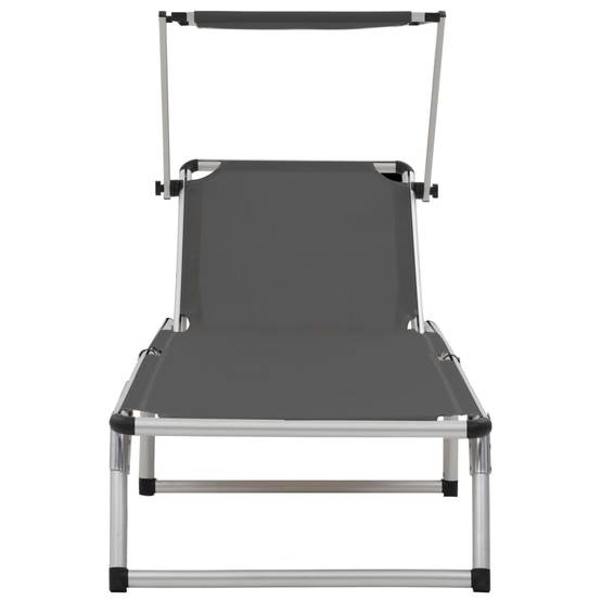 Chaise longue | Transat | Bain de soleil pliable avec toit aluminium et textilène gris - Image 4