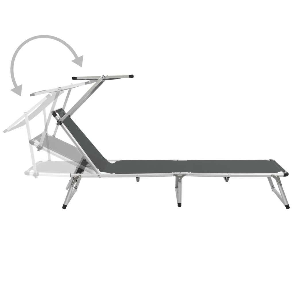 Chaise longue | Transat | Bain de soleil pliable avec toit aluminium et textilène gris - Image 1
