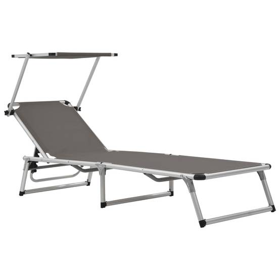 Chaise longue | Transat | Bain de soleil pliable avec toit aluminium et textilène gris - Image 2