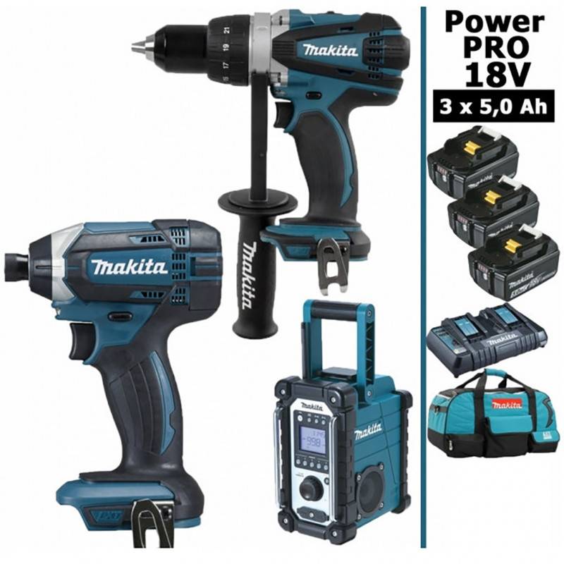 Makita - Pack Power PRO Makita 18V: Perceuse 91Nm DDF458 + Visseuse à chocs 165Nm DTD152 + Radio de chantier DMR108 + 3 batt 5Ah + sac - Image 1