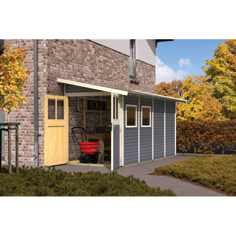 Abri de jardin adossé 4,85m² bois massif vitrifié gris Wandlitz 3 Karibu avec embase - Image 1