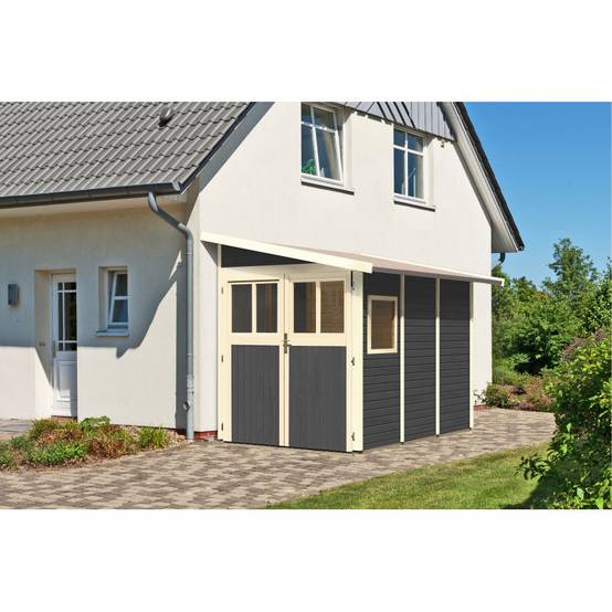 Abri de jardin adossé 4,85m² bois massif vitrifié gris Wandlitz 3 Karibu avec embase - Image 2