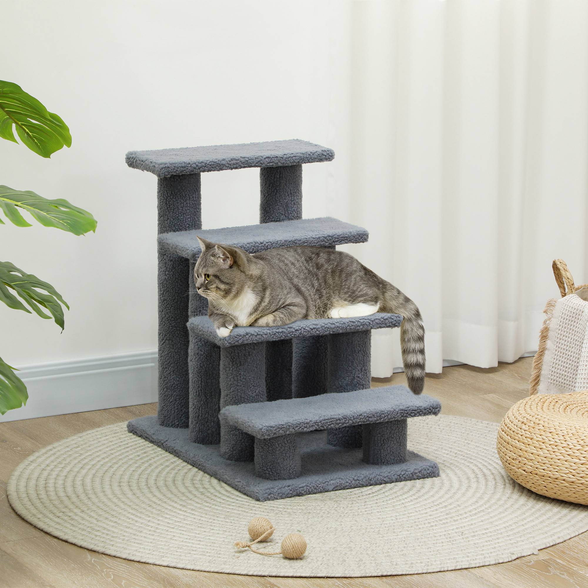 Sans Marque - Escalier 4 marches, chat, peluche, 61x41x60cm, gris - Image 4