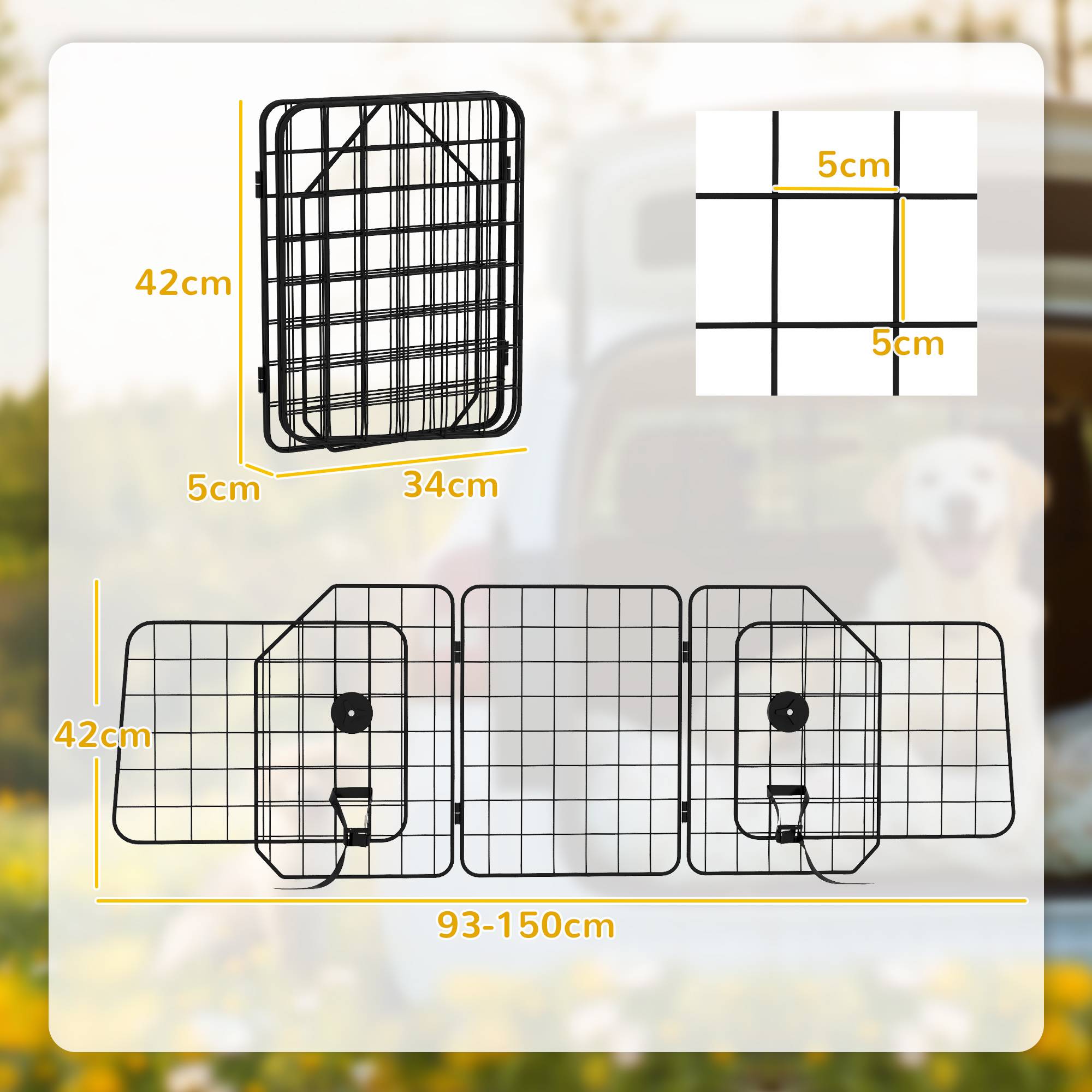 Sans Marque - Barrière sécurité chien voiture largeur réglable pliable 93-150x42 cm noire - Image 5