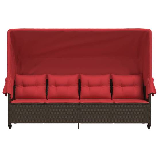 Chaise longue | Transat | Bain de soleil avec auvent et coussins marron résine tressée - Image 5