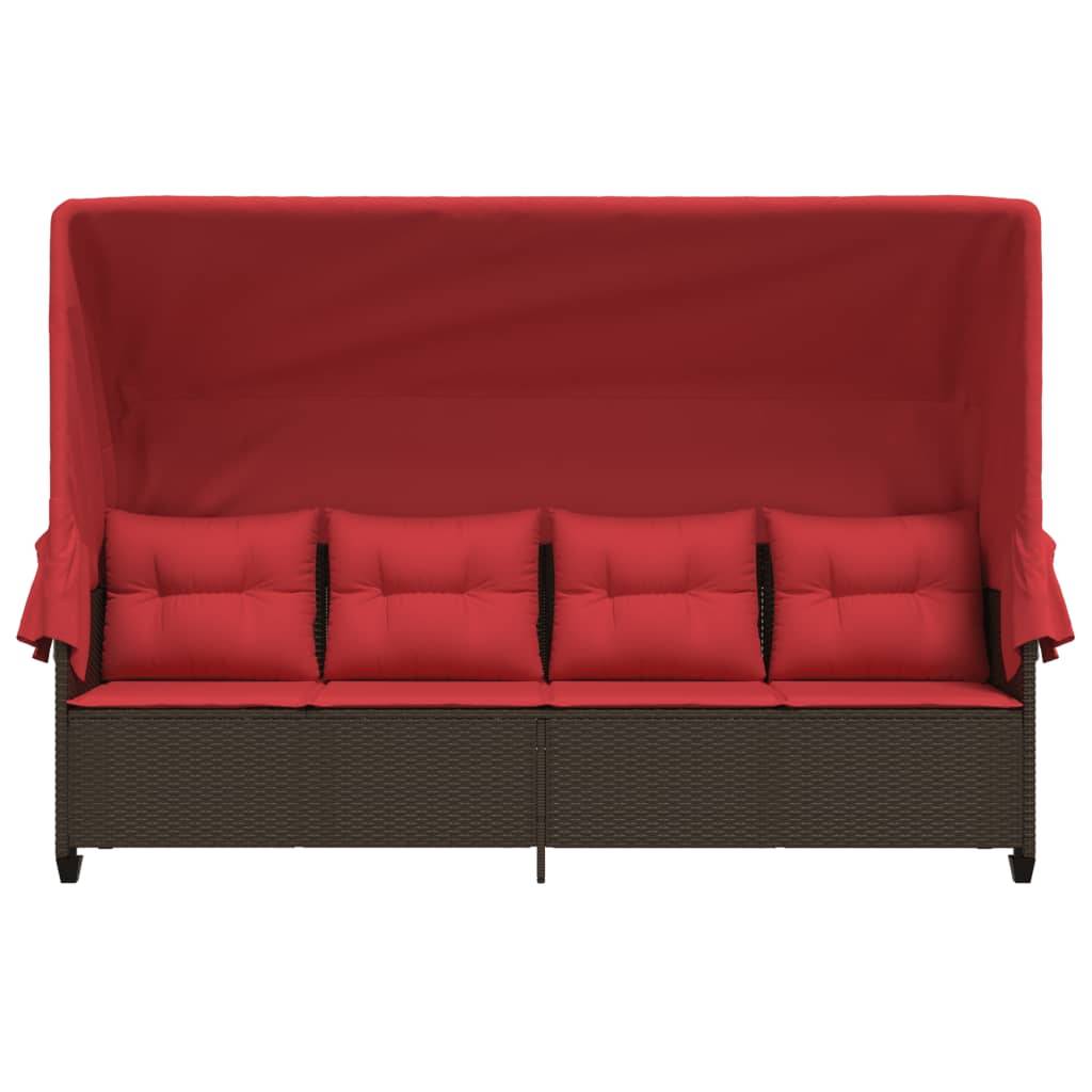 Chaise longue | Transat | Bain de soleil avec auvent et coussins marron résine tressée - Image 5