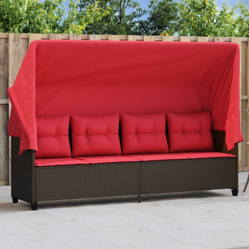 Chaise longue | Transat | Bain de soleil avec auvent et coussins marron résine tressée - Image 2