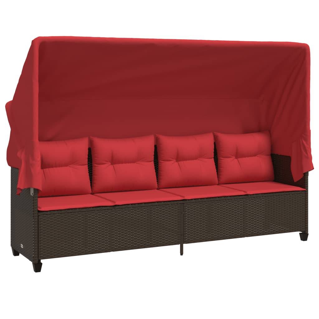 Chaise longue | Transat | Bain de soleil avec auvent et coussins marron résine tressée - Image 1