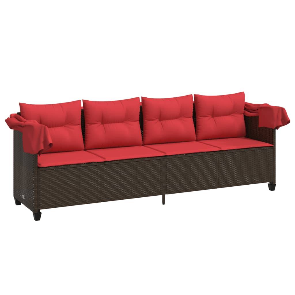 Chaise longue | Transat | Bain de soleil avec auvent et coussins marron résine tressée - Image 4