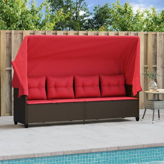 Chaise longue | Transat | Bain de soleil avec auvent et coussins marron résine tressée - Image 3