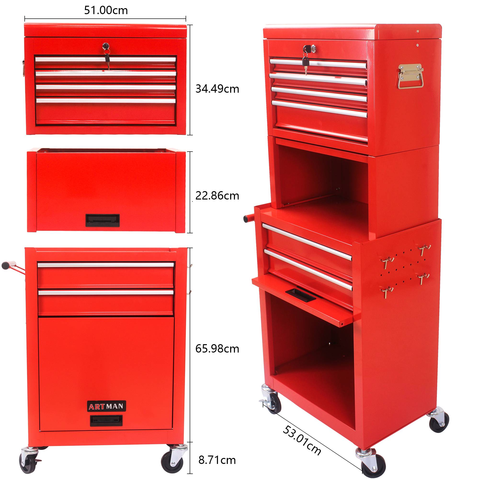Servante d'Atelier Mobile 2 en 1 Rouge, 6 Tiroirs et Coffre à Outils Détachable – ComfortXL Outdoor Living - Image 3