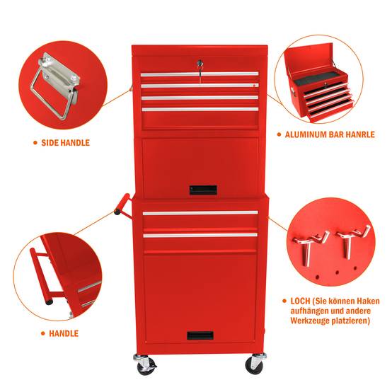 Servante d'Atelier Mobile 2 en 1 Rouge, 6 Tiroirs et Coffre à Outils Détachable – ComfortXL Outdoor Living - Image 5