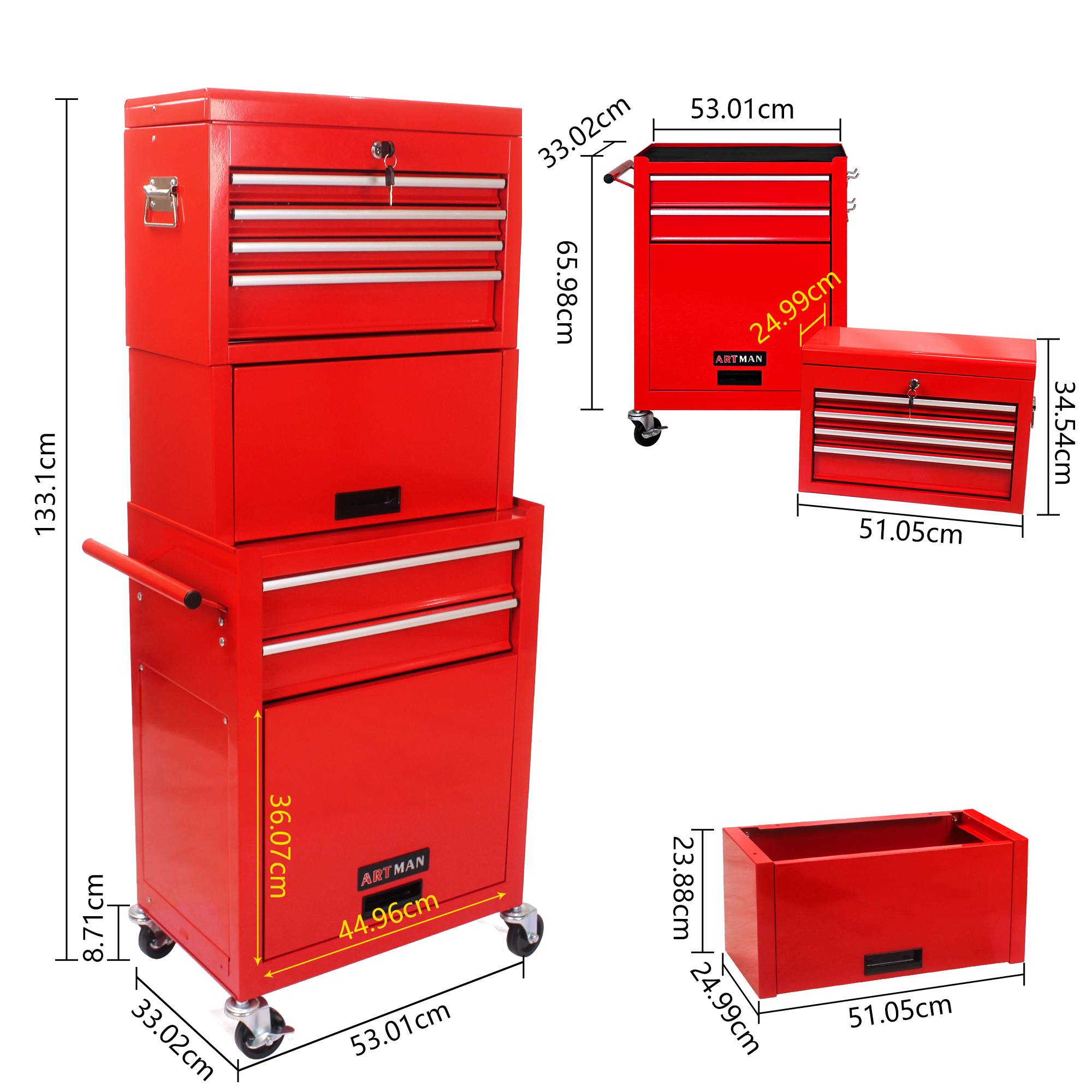 Servante d'Atelier Mobile 2 en 1 Rouge, 6 Tiroirs et Coffre à Outils Détachable – ComfortXL Outdoor Living - Image 2