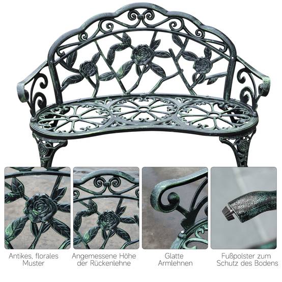 Banc de jardin 2 places en métal, style rétro motif floral, 100x54x78 cm, charge 240 kg, vert antique - Image 7
