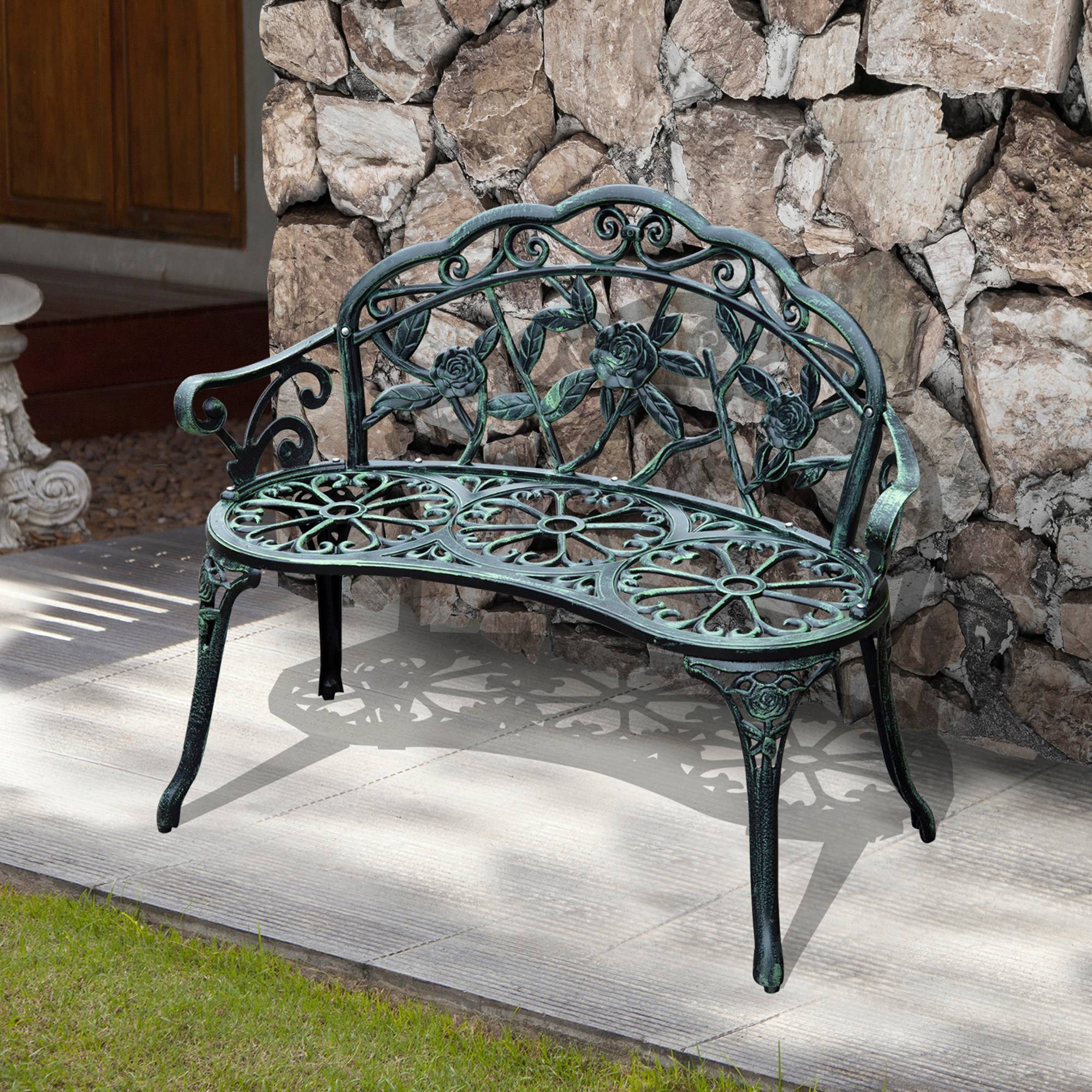 Banc de jardin 2 places en métal, style rétro motif floral, 100x54x78 cm, charge 240 kg, vert antique - Image 10