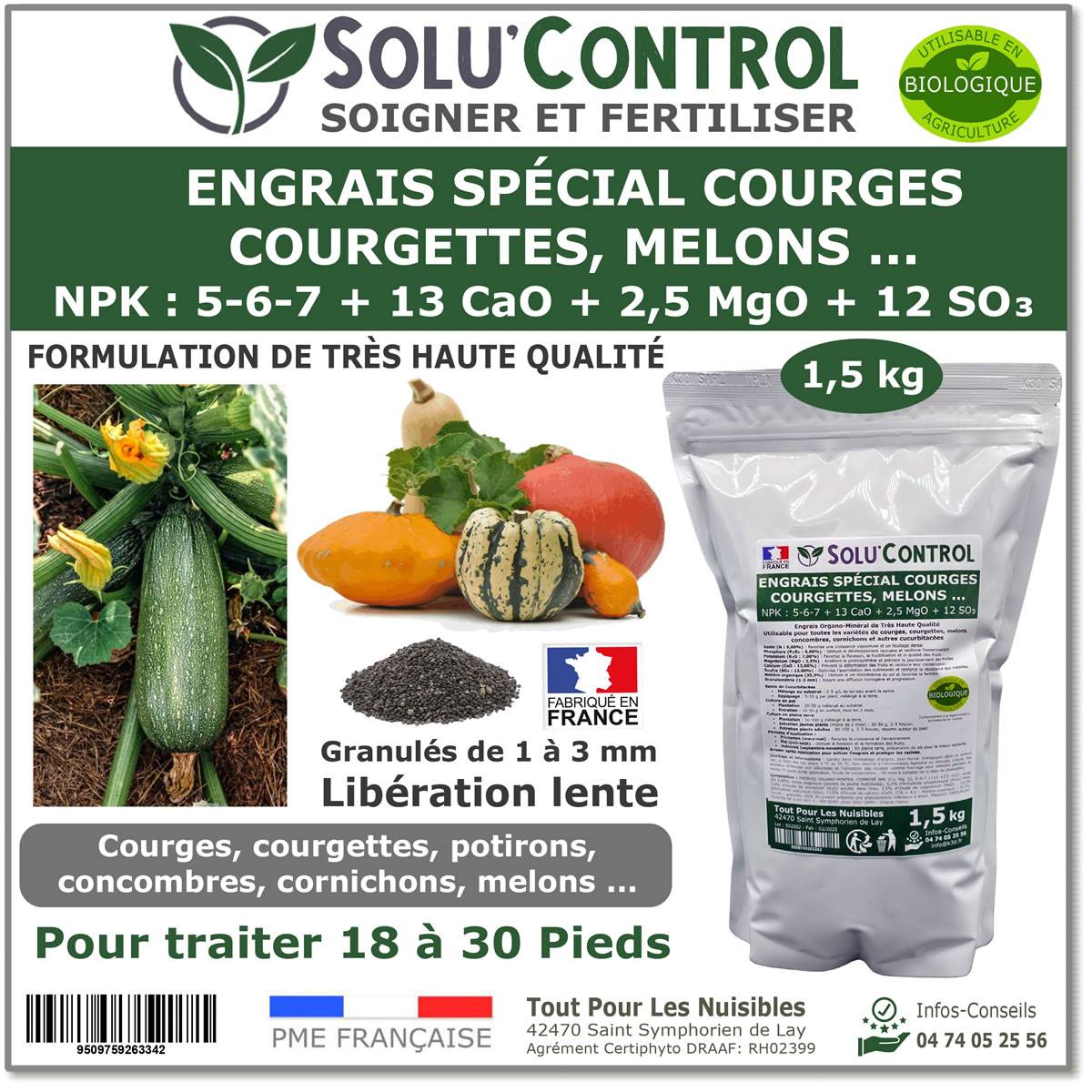 SOLU’CONTROL - 1,5 kg d'Engrais Spécial Courges, Courgettes et autres cucurbitacées - Formulation haute qualité Organo-Minerale - Image 1