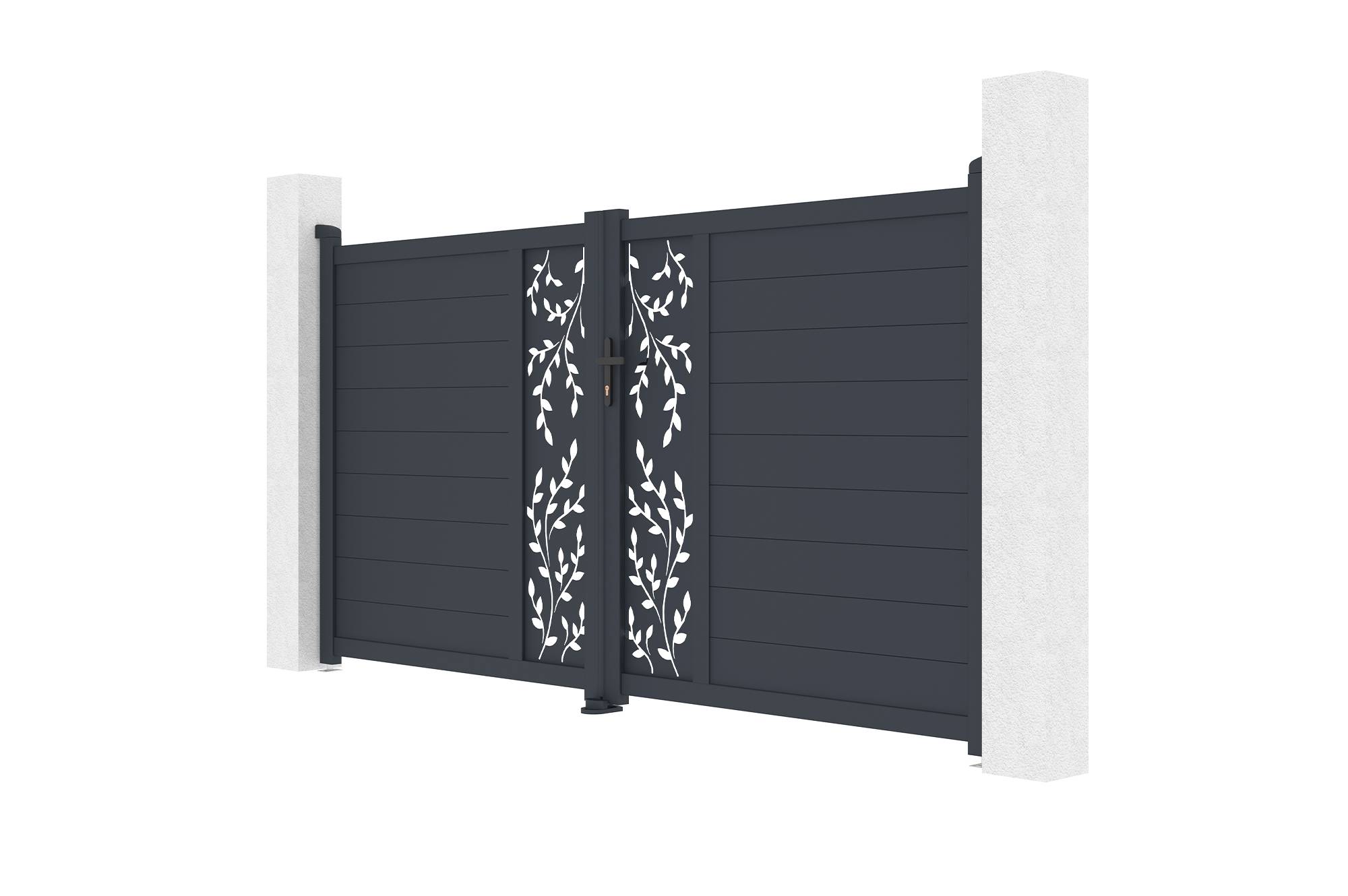 CASANOOV - Portail battant 3m FOLYA H.160cm aluminium gris + 2 poteaux ELDA 15x15cm - Image 6