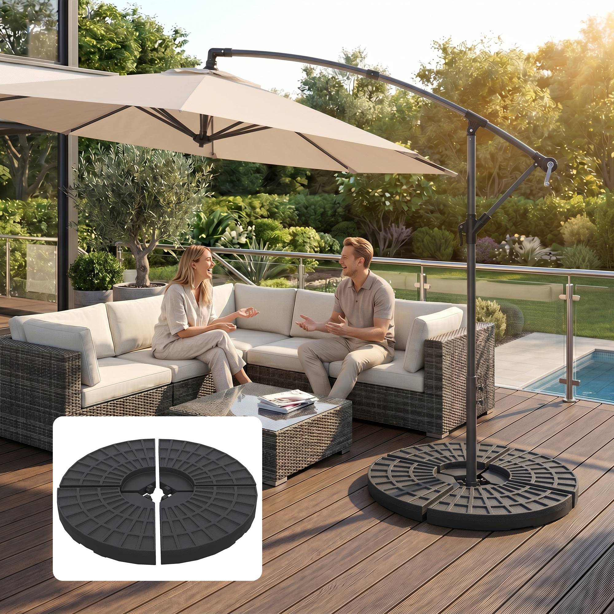 Poids de parasol, pied de parasol, 4 pièces, remplissable, 52 kg eau ou 68 kg sable, 48 x 48 x 8 cm - Image 10