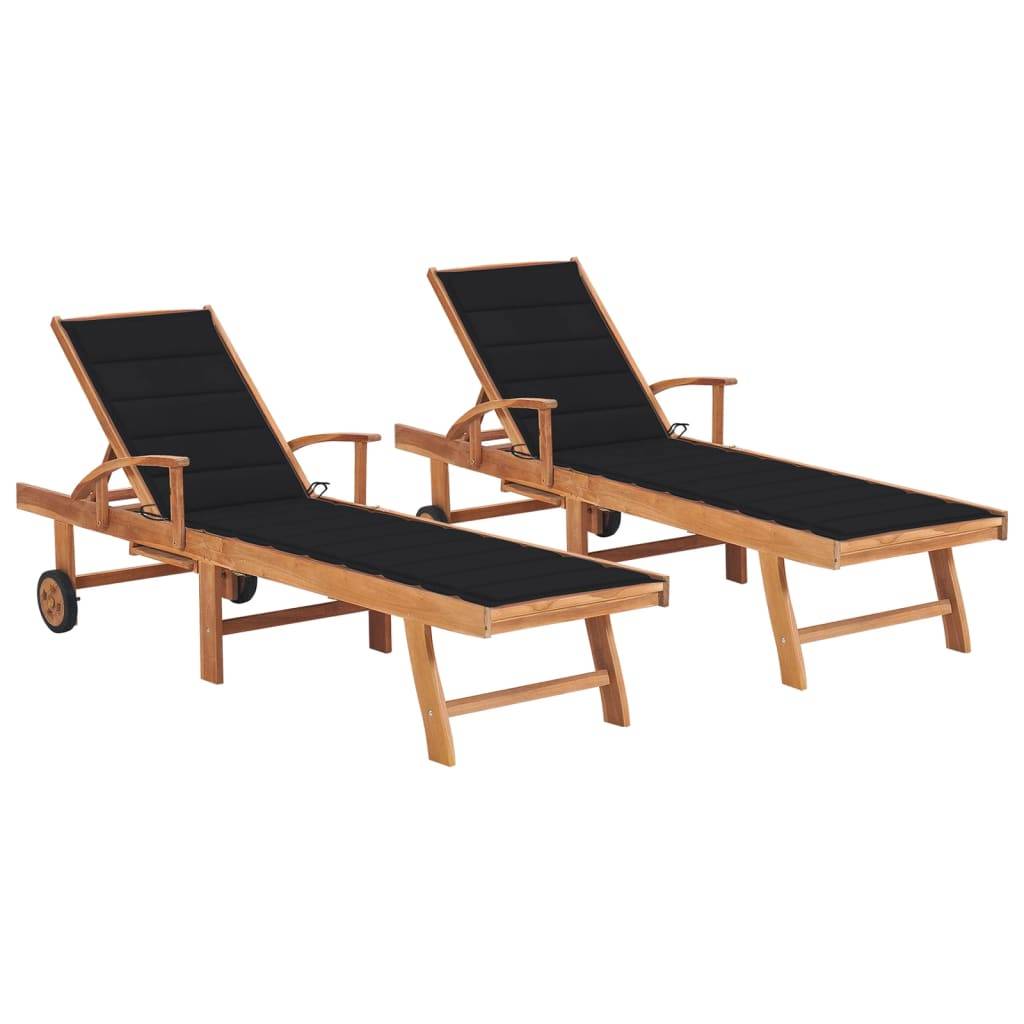 Helloshop26 - Lot de 2 transats chaise longue bain de soleil lit de jardin terrasse meuble d'extérieur avec coussin noir bois de teck solide - Image 1